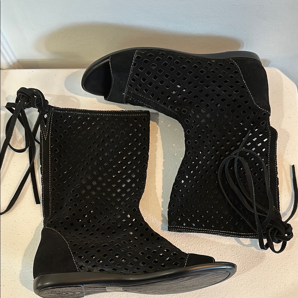 Aldo Black Perforated Lace-Up Peep-Toe Sandals